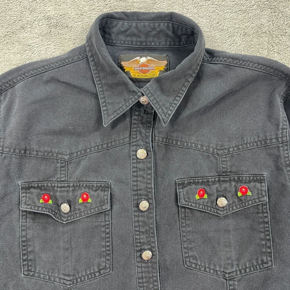 Harley Davidson Motorcycle Denim Shirt Womens Large Black Floral Embroiderey - Picture 2 of 11